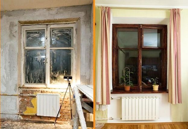 Вид деревянного окна до и после ремонта