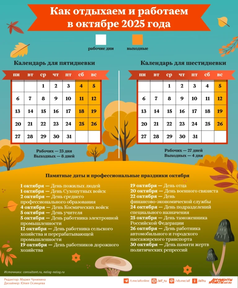 Как отдыхаем и работаем в октябре 2025 года. Инфографика