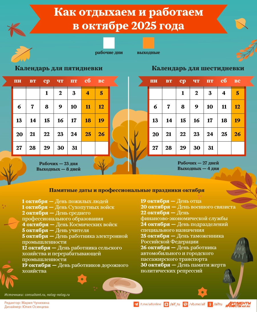 Как отдыхаем и работаем в октябре 2025 года. Инфографика Как отдыхаем и работаем в октябре 2025 года. Инфографика