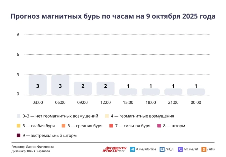 Прогноз магнитных бурь по часам на 9 октября 2025 года. Инфографика